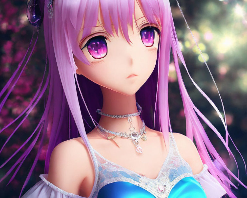 Purple-haired anime girl in blue and white dress on dreamy pink backdrop