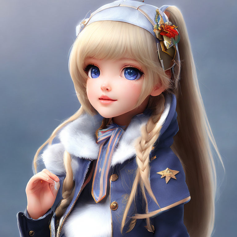 Digital illustration of doll-like girl with blue eyes, blonde hair, blue coat, and beret with