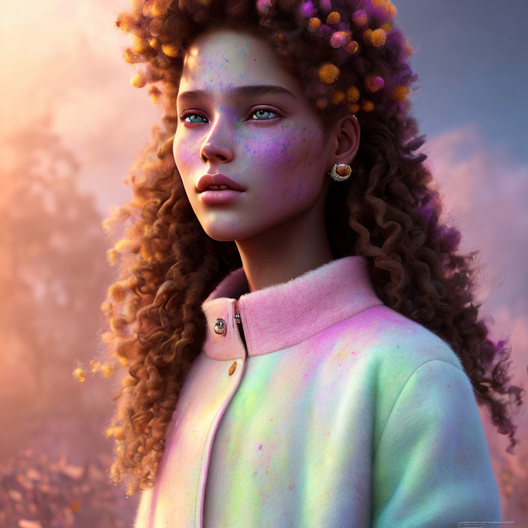 Young woman's digital portrait with curly hair, freckles, flowers, pastel jacket, and