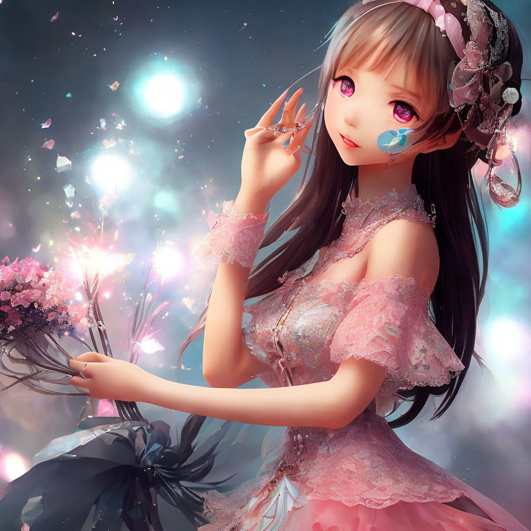 Whimsical animated character with large eyes in pink dress and floral accessories