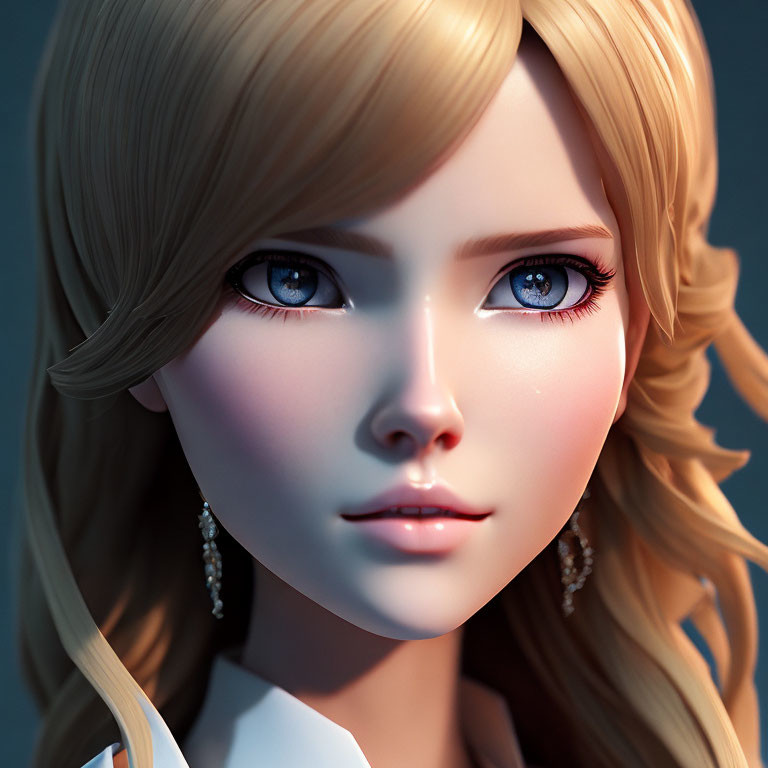 Detailed 3D-rendered blonde female character with blue eyes and earrings