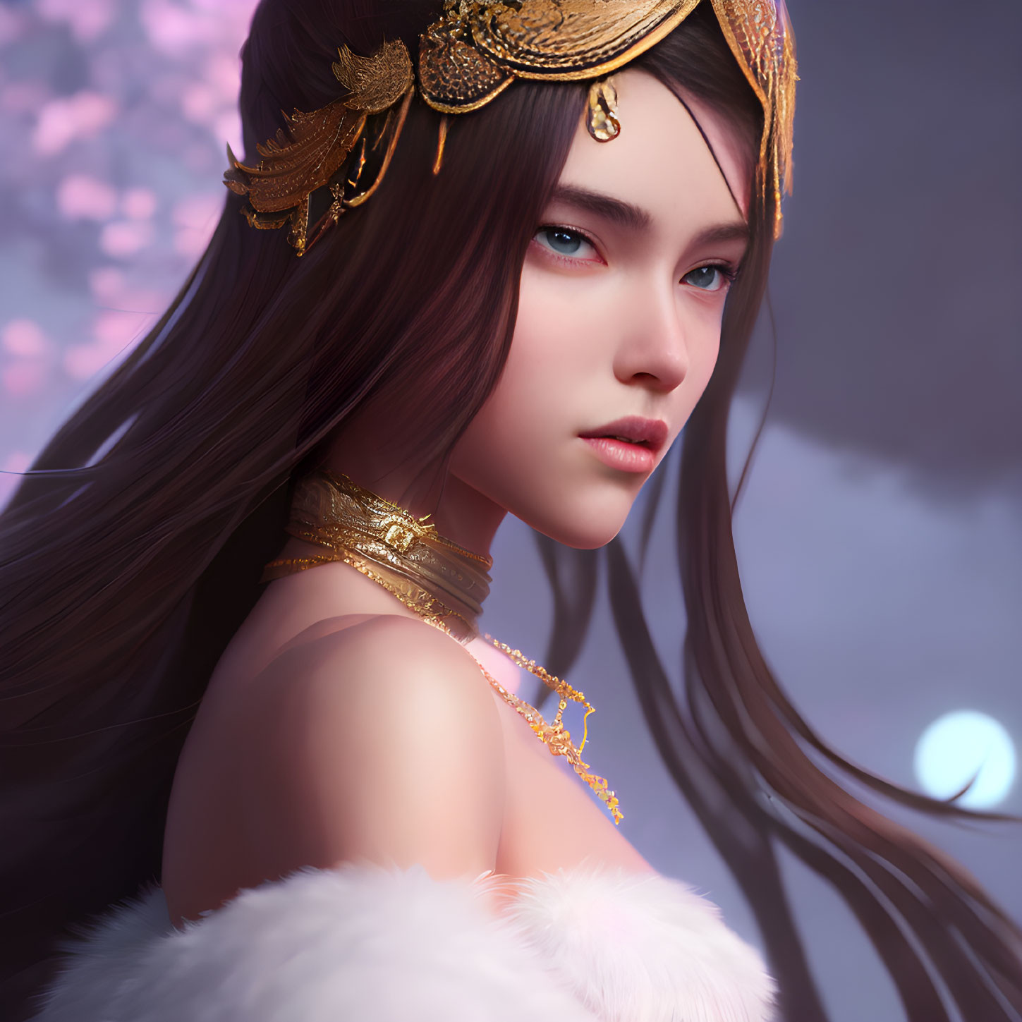 Digital artwork of woman with long brown hair, blue eyes, wearing gold accessories, set against pink blossom
