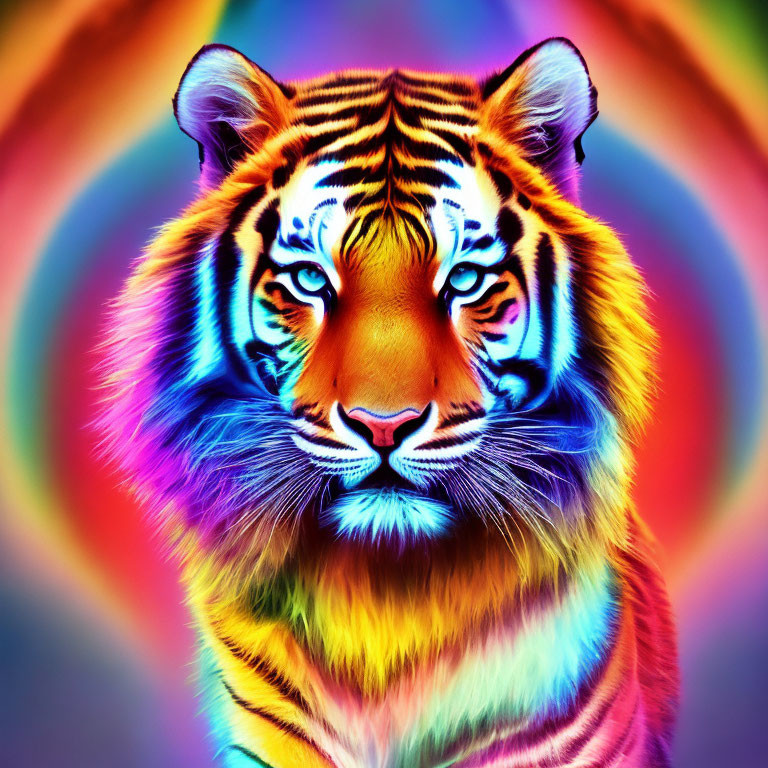 Colorful Tiger Portrait with Neon Glow and Psychedelic Background