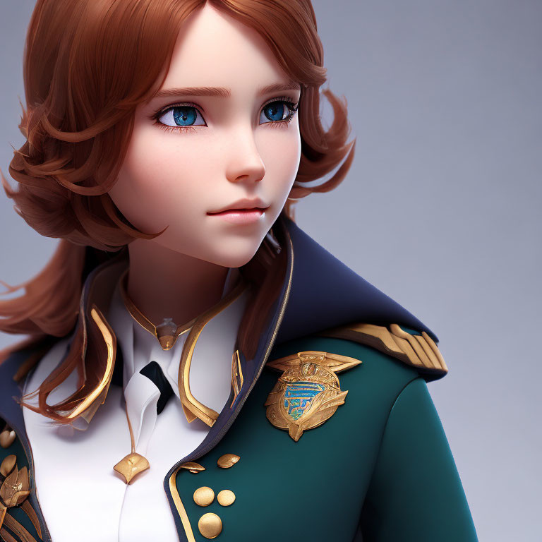 Female character with blue eyes, wavy brown hair, and green & gold uniform with badges.