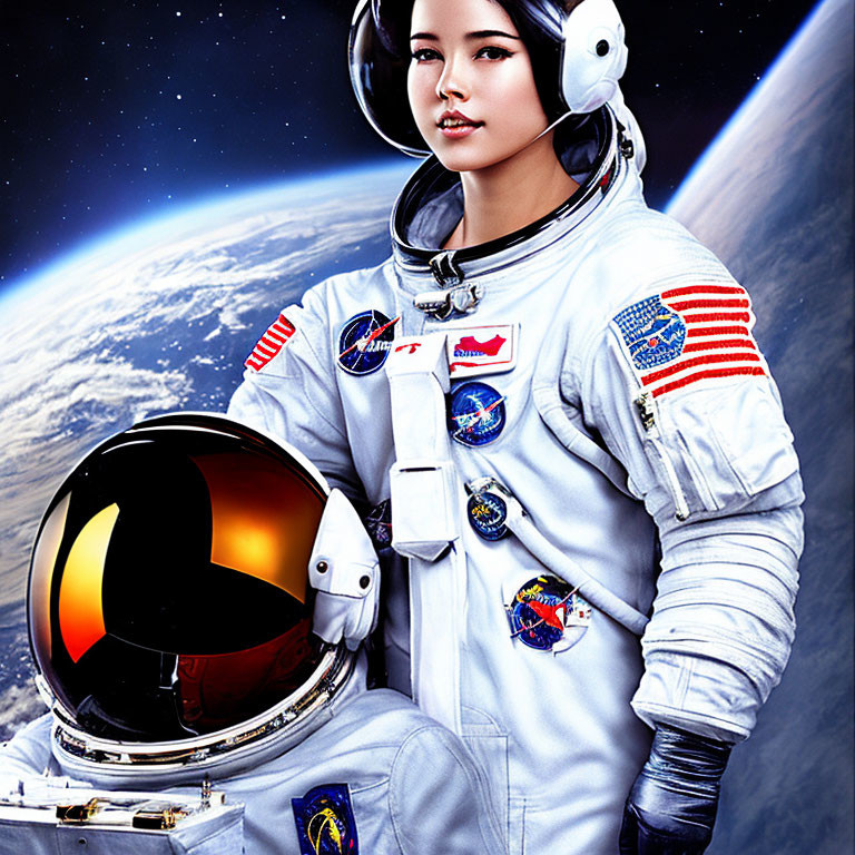Female astronaut in reflective helmet visor in space suit with Earth backdrop