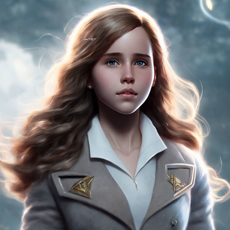 Digital Art: Young Girl with Brown Hair, Blue Eyes, Grey Uniform