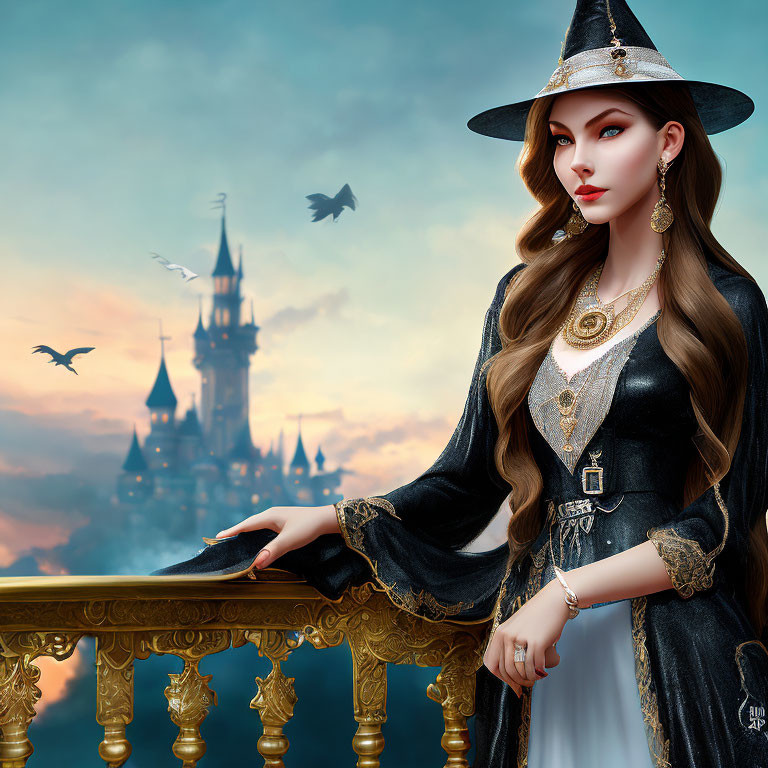 Luxurious witch costume woman by balcony with castle and birds