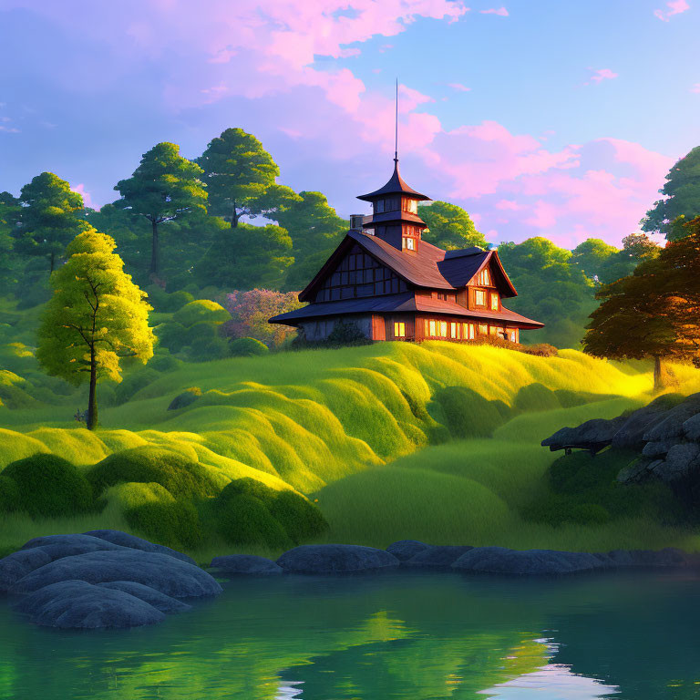 Traditional house with spire roof on green hills near tranquil lake and sunlight-drenched forest.