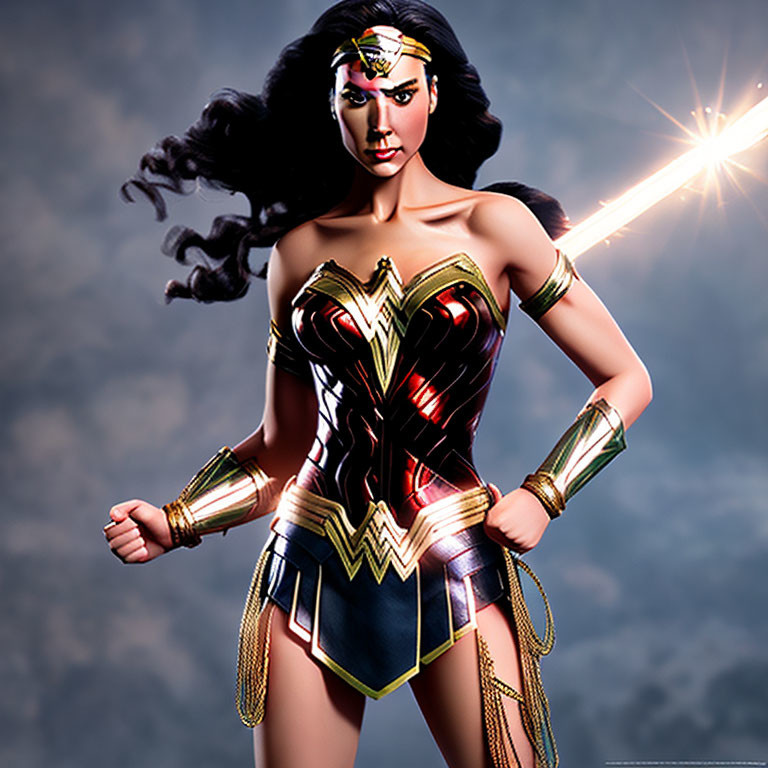 Confident Female Character in Wonder Woman Costume with Glowing Lasso against Moody Sky