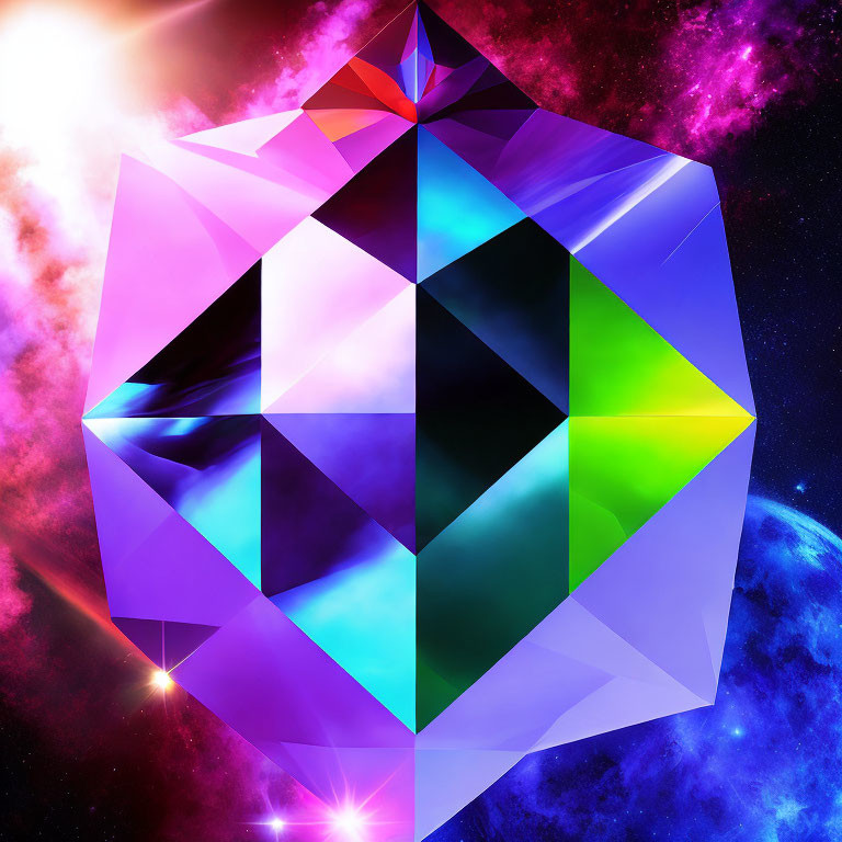 Colorful Digital Art: Geometric Jewel in Space with Stars and Nebulae