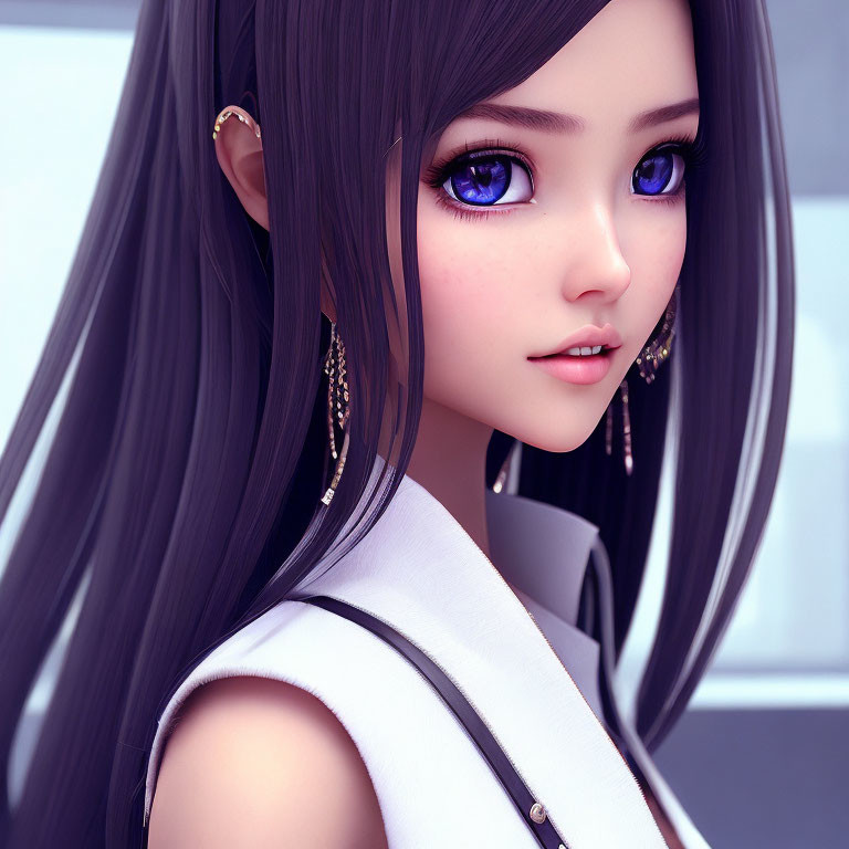 Digital Artwork: Female Character with Long Black Hair and Blue Eyes