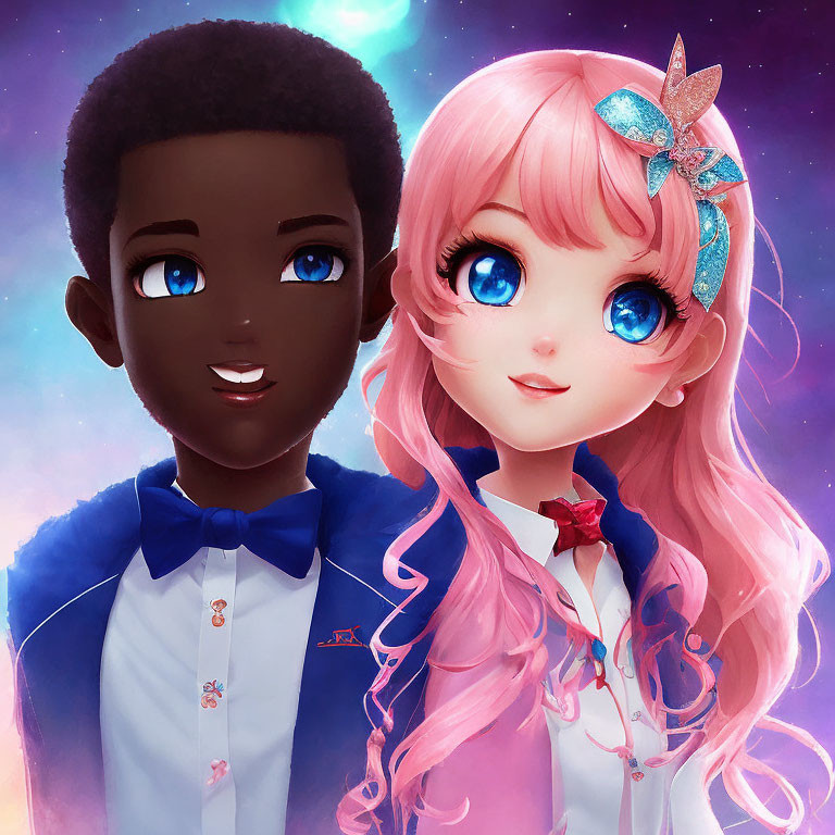 Animated characters: boy with dark skin, girl with pink hair, in school uniforms on pink and blue