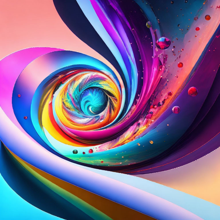 Colorful Abstract Swirl with Dynamic Motion and Droplets on Multicolored Background