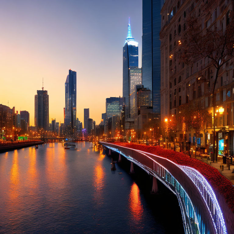 Colorful cityscape with illuminated skyscrapers, bridge, and twilight sky