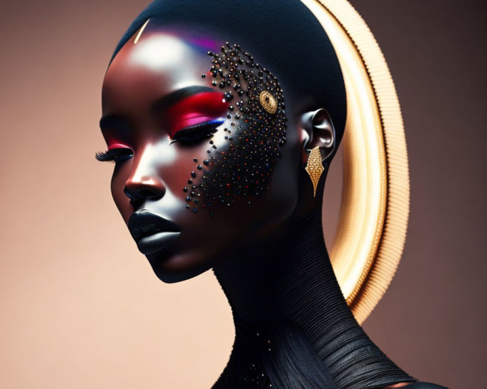 Glossy black portrait of a woman with gold and jewel accents