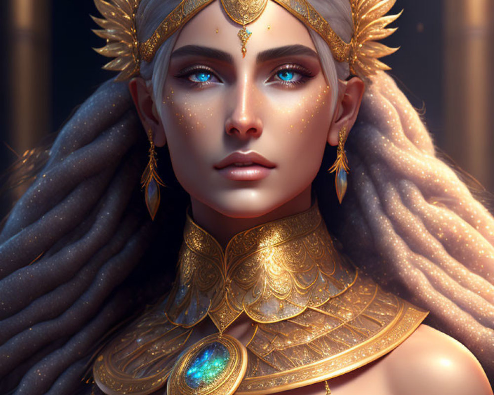 Fantasy female character with white hair, blue eyes, golden jewelry, crown, and necklace on dark
