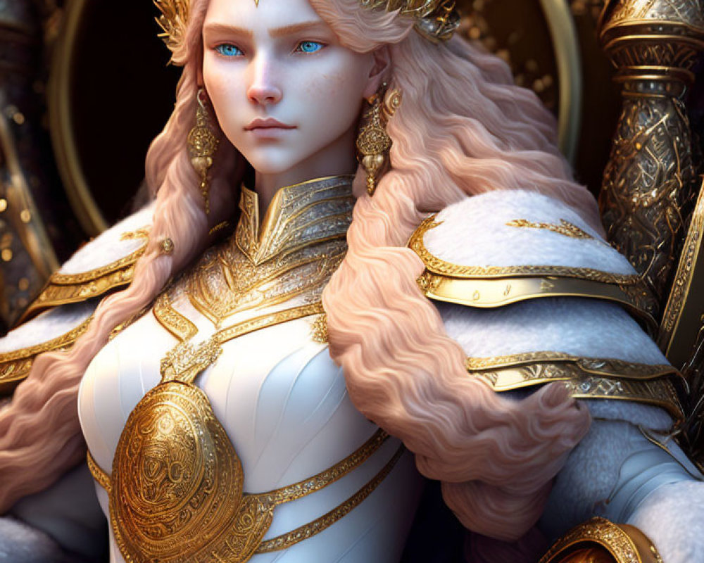 Regal fantasy character in ornate gold and white armor with white hair and blue eyes