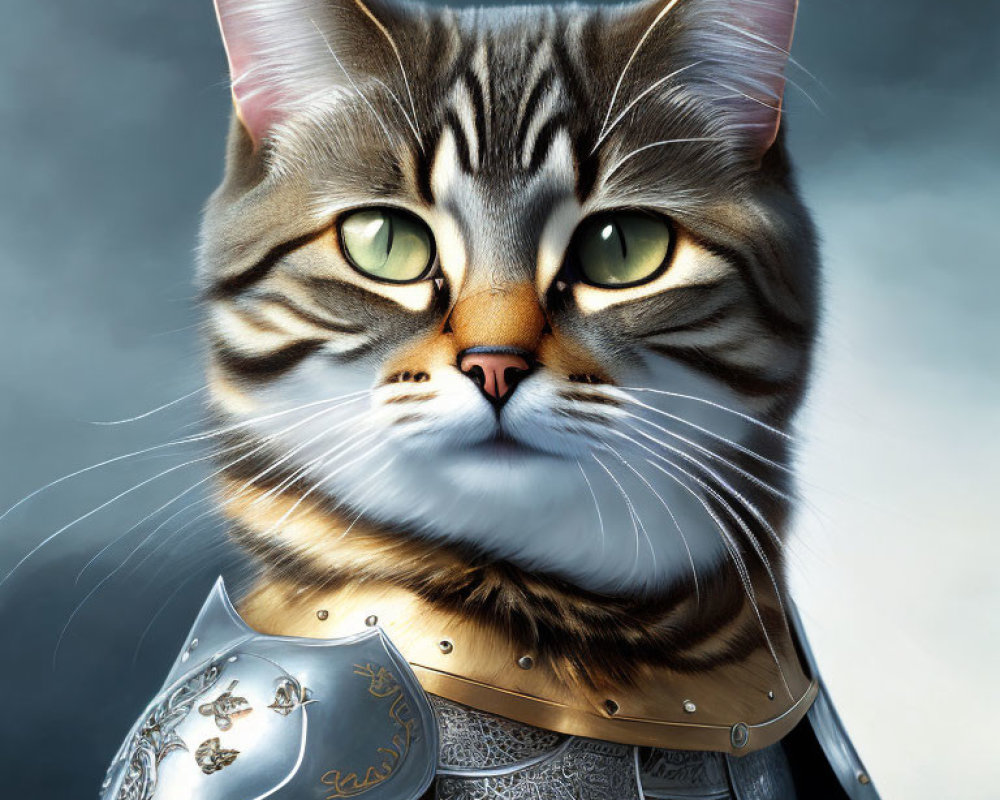 Anthropomorphic cat in silver armor with green eyes