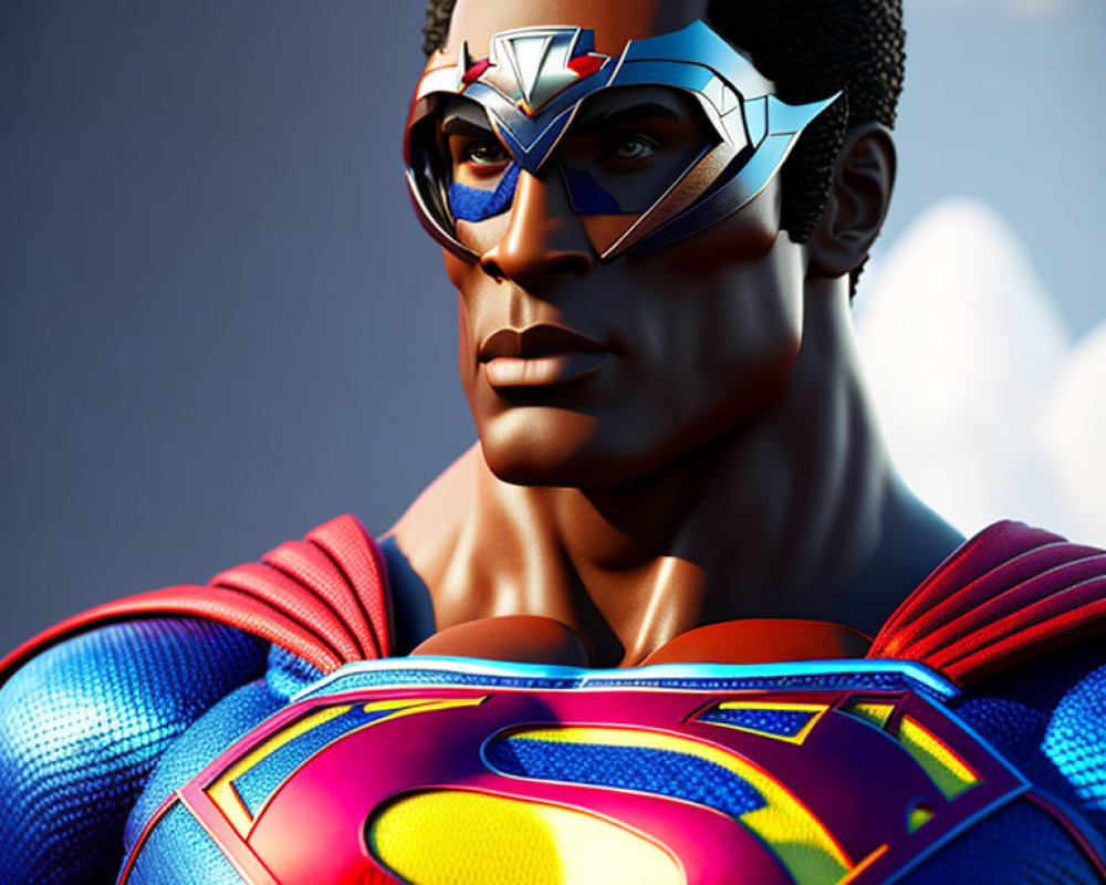 Detailed Black Superman 3D-rendered Close-Up Against Sky Background