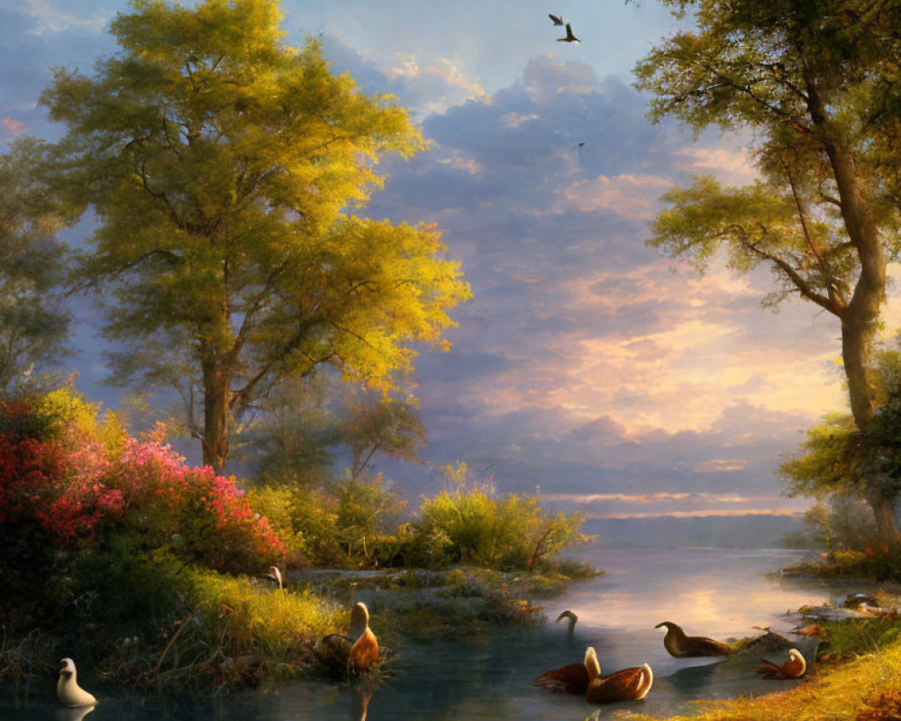 Tranquil landscape with ducks in river, lush trees, colorful flora, and sunrise sky