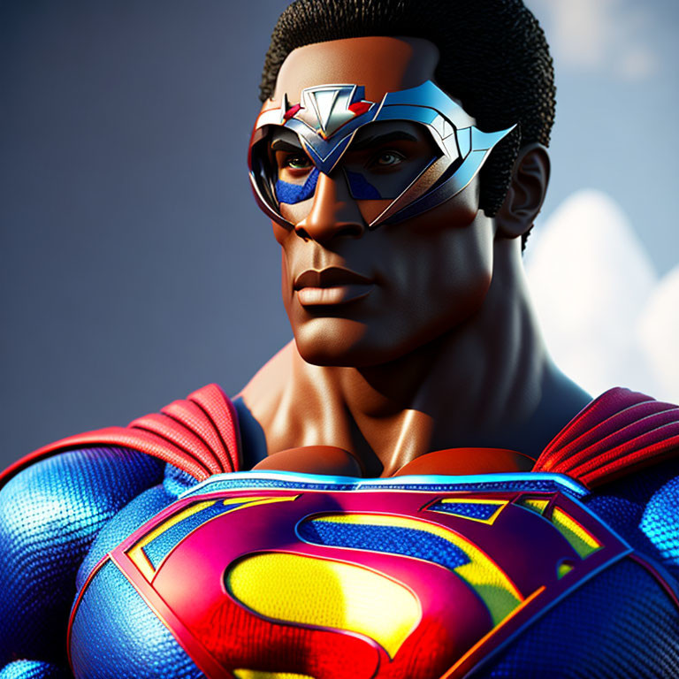 Detailed Black Superman 3D-rendered Close-Up Against Sky Background