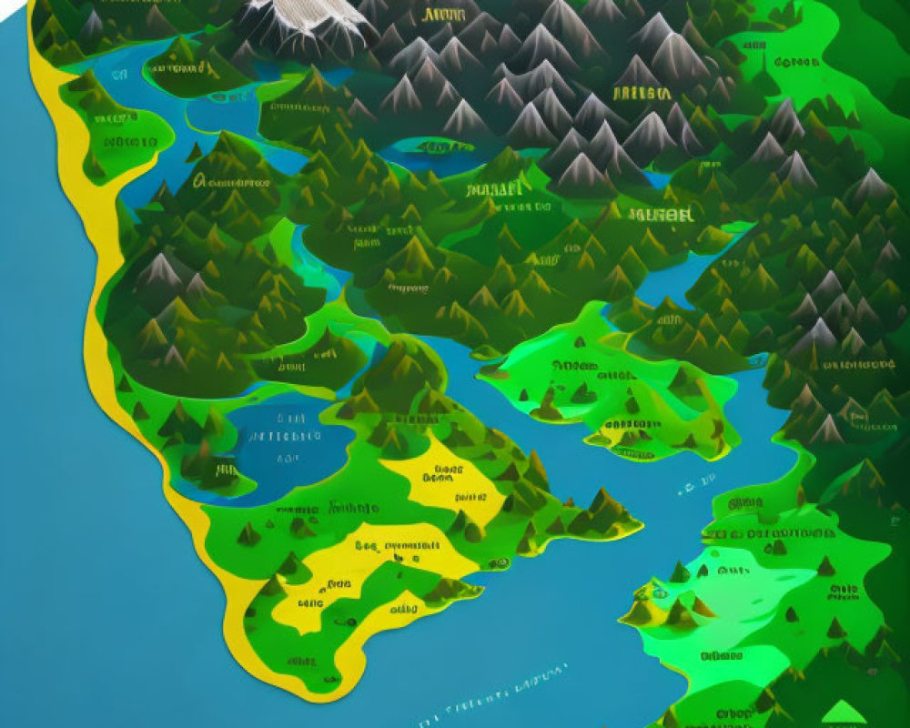 Detailed Fantasy Map with Mountains, Forests, and Settlements in Green and Brown Tones
