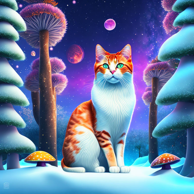 Colorful Cat in Snowy Landscape with Mushrooms and Trees