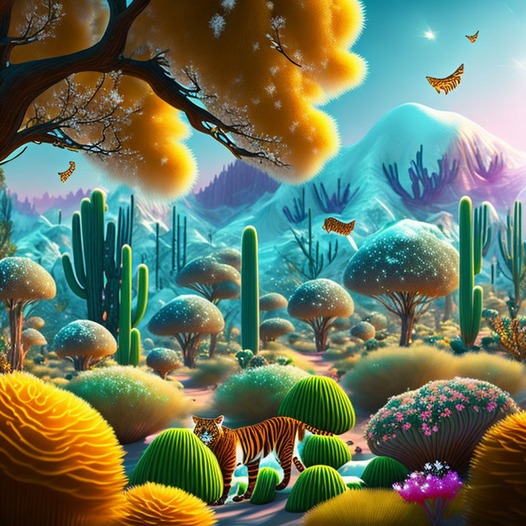 Colorful Tiger in Fantasy Landscape with Glowing Trees and Butterflies