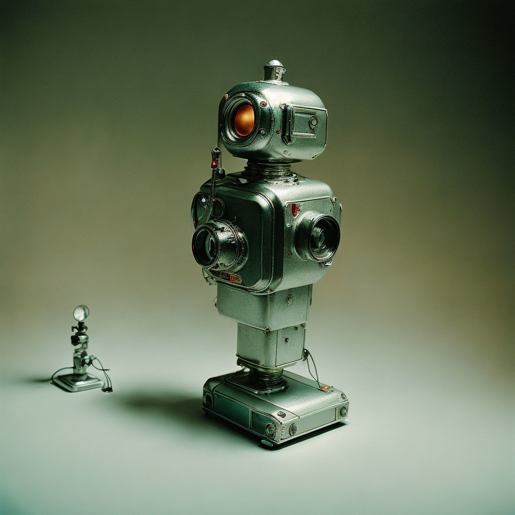 Vintage-Style Robot Made from Camera Parts with Red Eye Beside Miniature Figure