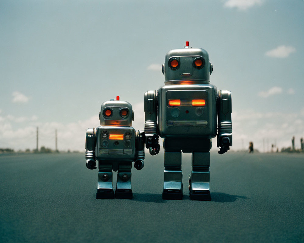 Vintage-style toy robots, large and small, holding hands on empty road under clear sky