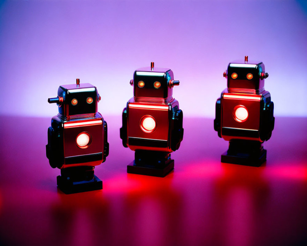 Vintage Toy Robots with Illuminated Eyes on Pink and Purple Background