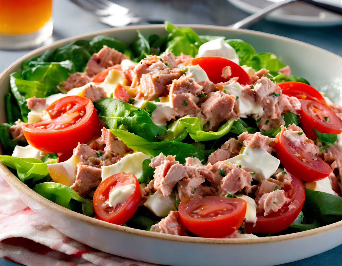 Healthy Tuna Salad with Greens and Egg in White Bowl