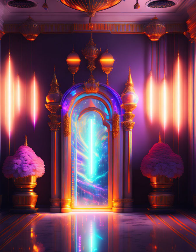 Fantasy-inspired portal with golden edges in a purple room