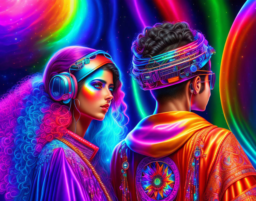 Futuristic man and woman in vibrant digital artwork