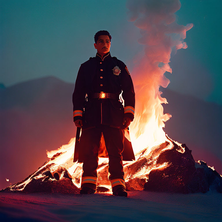 Firefighter Contemplating Controlled Blaze at Dusk