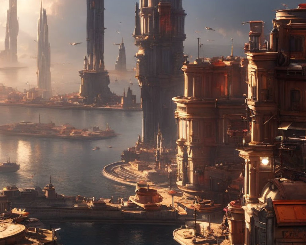 Futuristic cityscape with towering spires and flying vehicles in warm hazy light