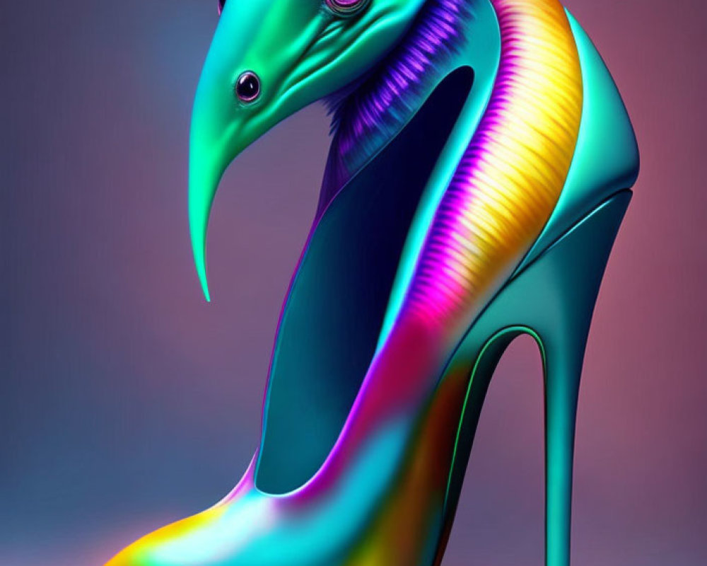 Colorful iridescent high-heeled shoe with bird-like design.