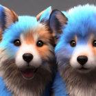Blue and white anthropomorphic dogs smiling on grey background