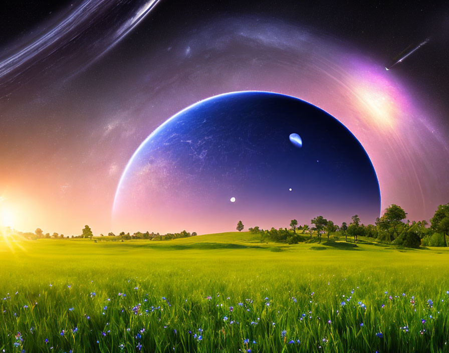 Vibrant sci-fi landscape with celestial body, starry sky, green meadow, blue flowers