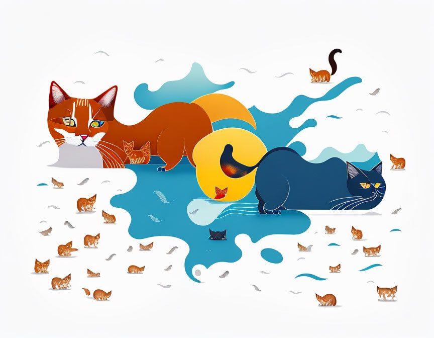 Vibrant cat illustrations in abstract, wavy landscape setting