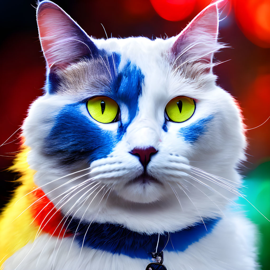 Colorful Cat with Blue and White Fur and Yellow Eyes on Red Bokeh Background