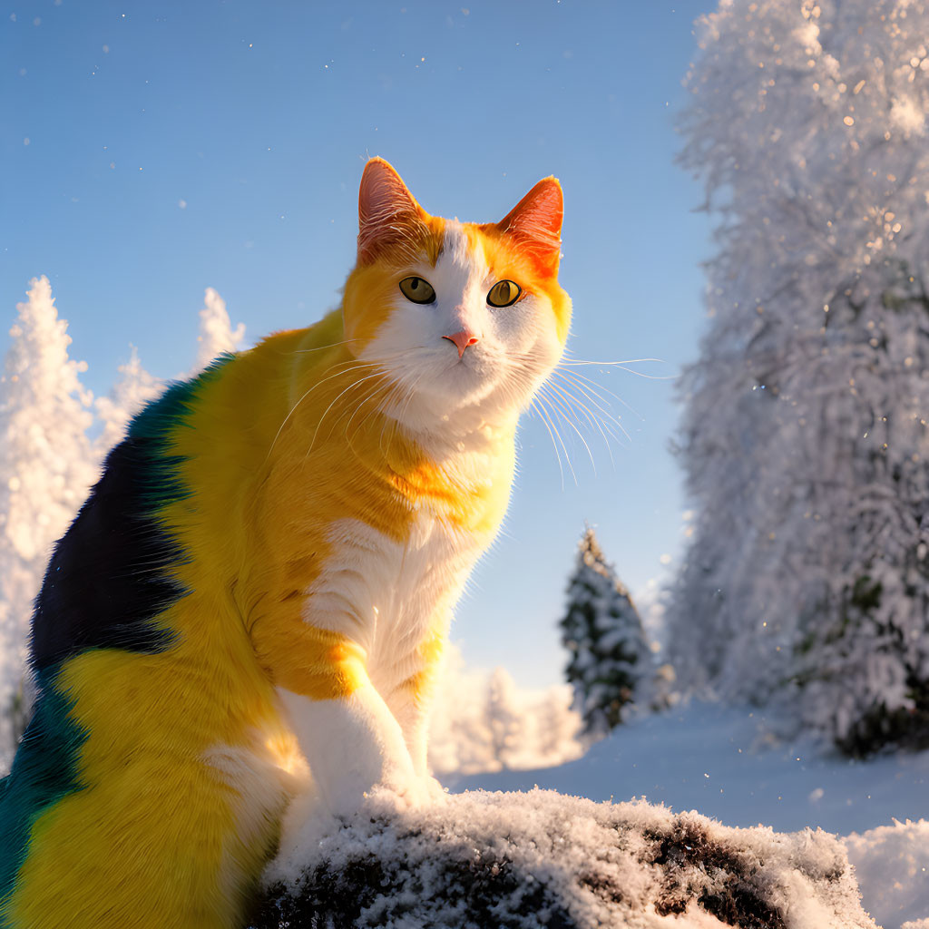 Multicolored cat in snowy landscape with sunlit trees