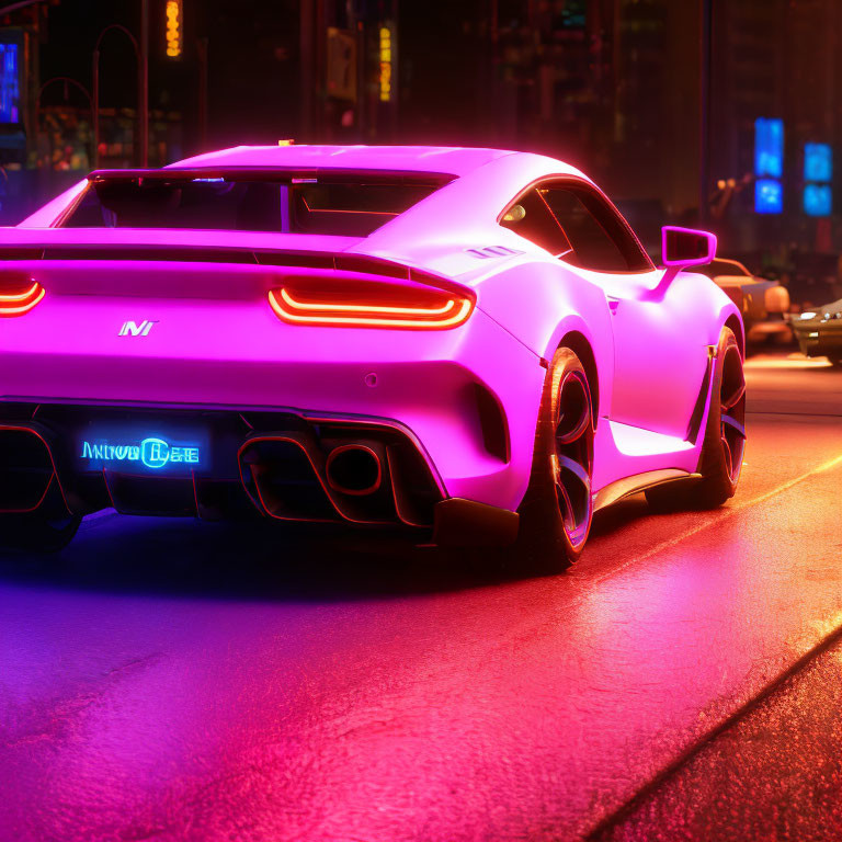 Purple Sports Car with Glowing Lights on Neon-Lit Night City Street