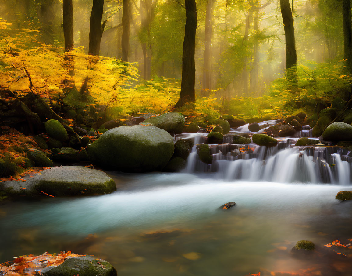 Tranquil stream flowing over rocks in misty forest landscape