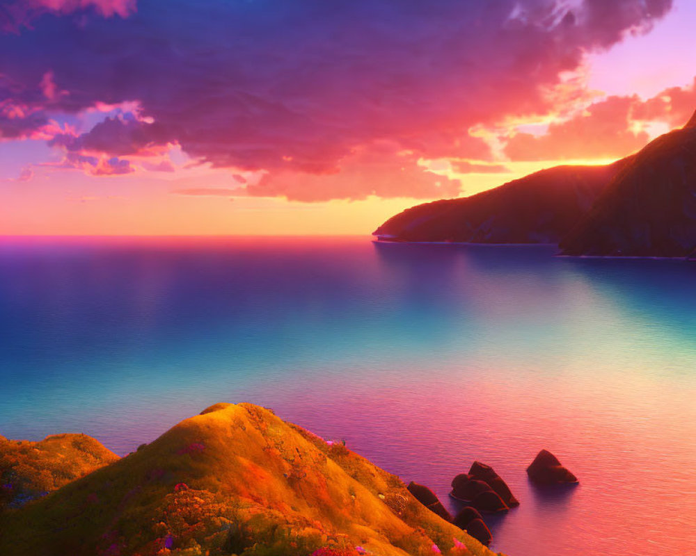 Colorful Sunset Reflecting on Calm Ocean with Silhouetted Hills