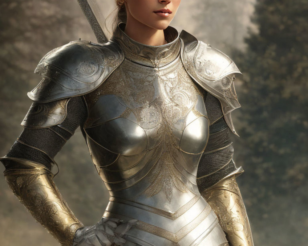 Detailed Silver Armor Woman Wielding Sword in Nature Background