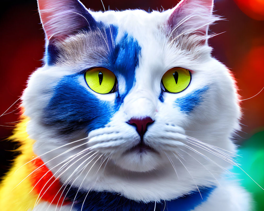 Colorful Cat with Blue and White Fur and Yellow Eyes on Red Bokeh Background