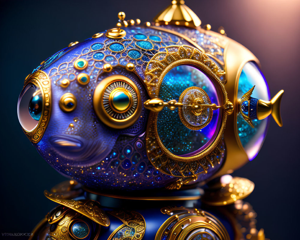 Intricate Steampunk Mechanical Fish with Gold and Blue Patterns