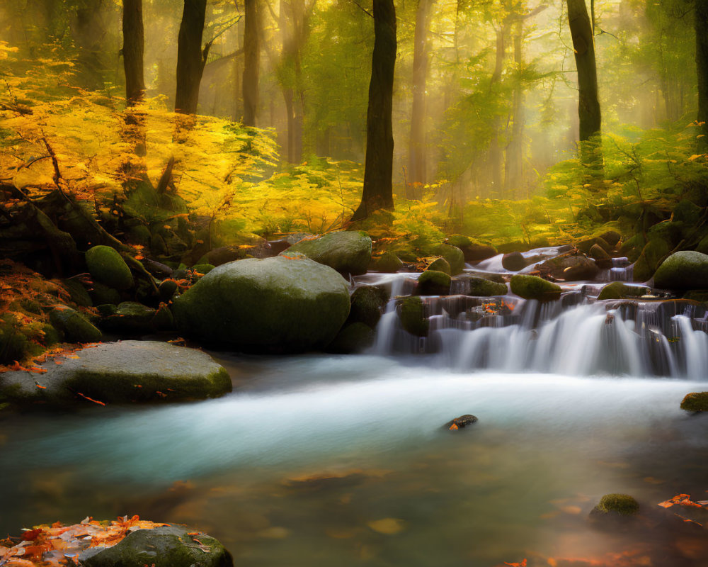 Tranquil stream flowing over rocks in misty forest landscape