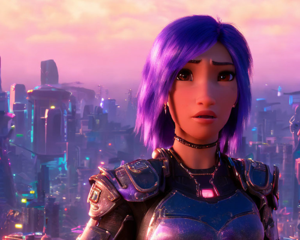 Digital illustration: Woman with blue hair in futuristic armor in neon-lit cityscape at sunset